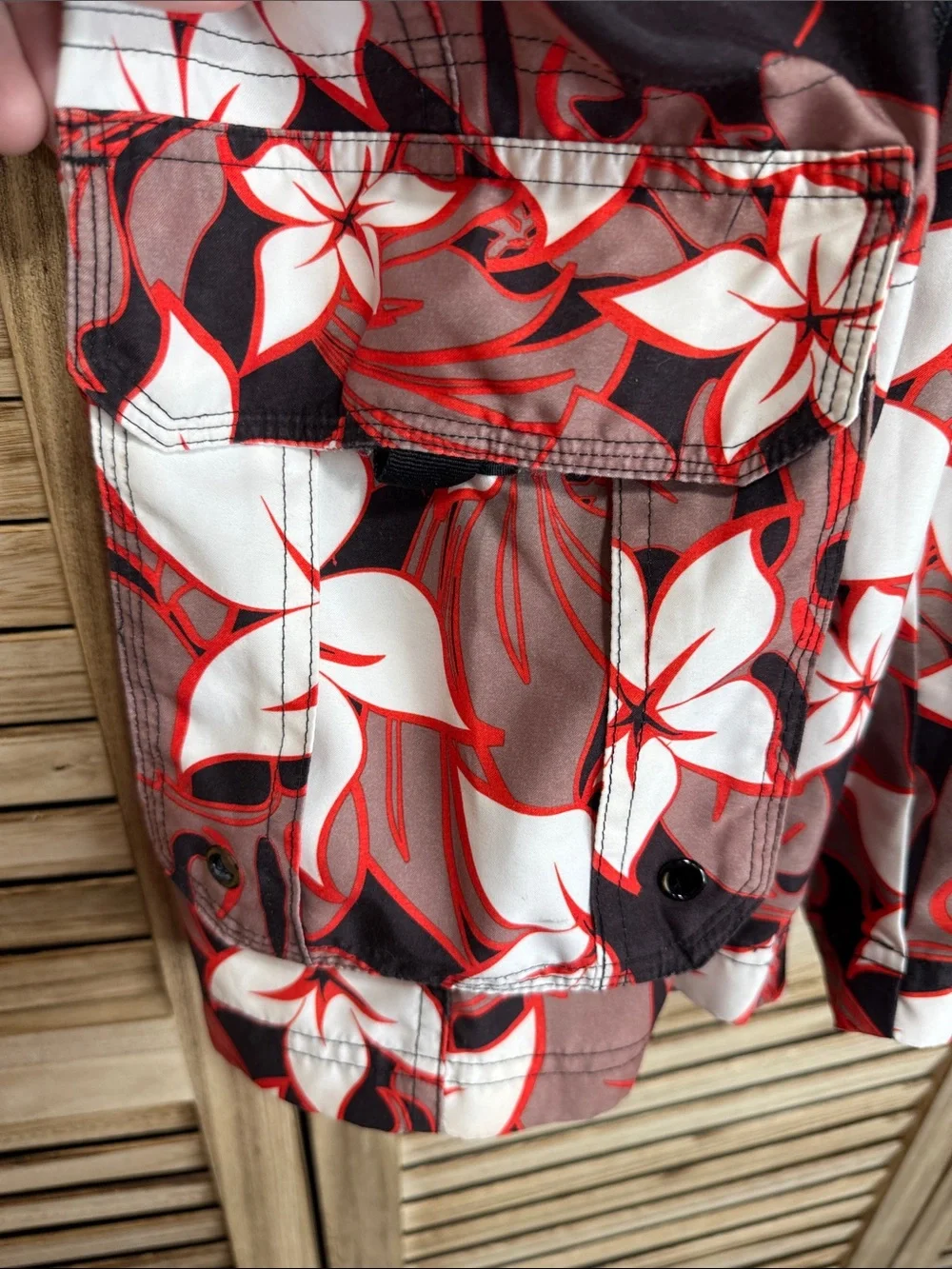 O'Rageous Floral Swim Trunks with Red & White Hibiscus Print Size XL